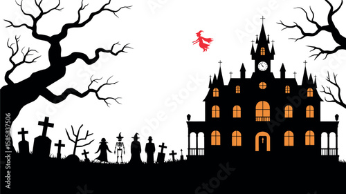 Halloween night illustration with haunted house graveyard red witch and creepy tree silhouettes
