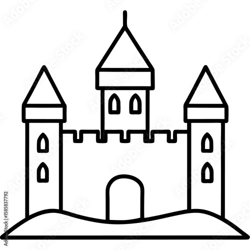 Detailed line art illustration of a classic european castle with a protective moat and strong walls isolated on white background