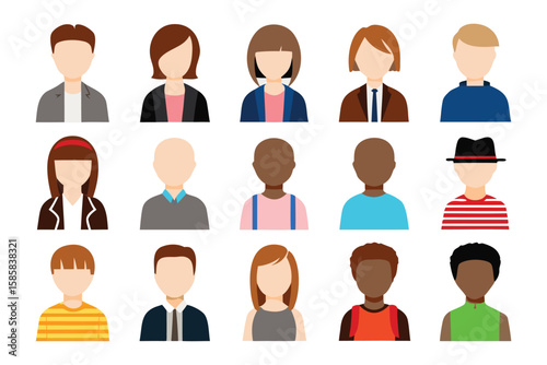 Diverse Avatar Set: Collection of diverse avatars representing various genders, ages and ethnicities. Perfect for websites, apps, and presentations needing diverse representation.