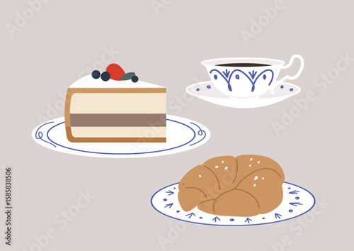 A delightful berry cake paired with a cup of tea sits elegantly on a decorative plate, creating a serene atmosphere perfect for enjoying sweet treats and relaxing conversations.