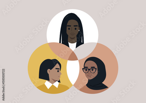 Three unique diagram portraits illustrate the beauty of diversity and intersectionality, highlighting various female identities and experiences in a captivating artistic format
