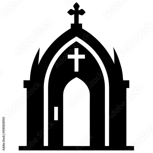 Elegant silhouette of an arched church door with ornate details isolated on white background