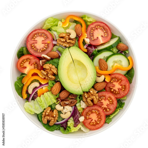A vibrant and healthy salad bowl filled with fresh ingredients like avocado, tomatoes, and nuts
