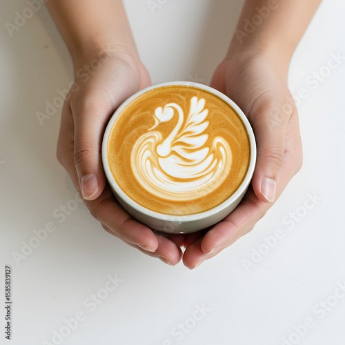 A person's hands gently cradling a beautifully crafted latte art swan in a ceramic cup
