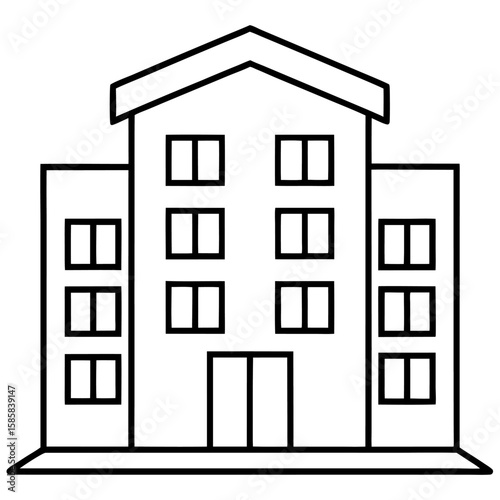 Minimalist line art of a modern urban apartment building with balconies isolated on white background