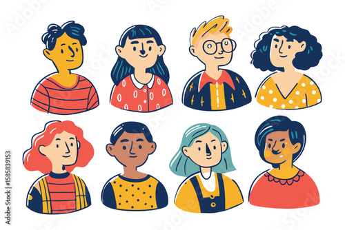 Diverse Portrait Illustration: A collection of charming portraits, featuring various individuals showcasing distinct styles and vibrant personalities, perfect for a range of creative applications.