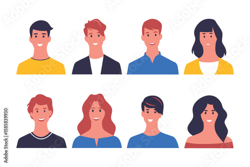 Smiling Faces Portrait: A collection of stylized head and shoulder portraits showcasing the diversity of human smiles, each exuding warmth and individuality in a minimalist style.