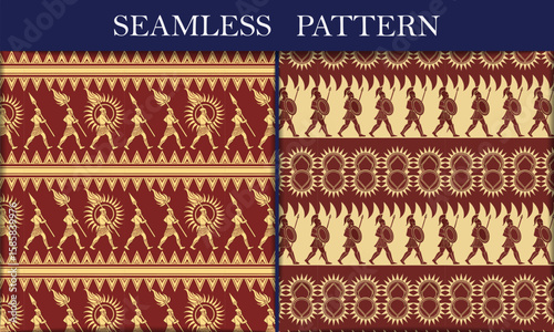 Ancient Greek Warrior Seamless Pattern, Hoplite soldiers with spears and shields on a red background, decorative vintage banner