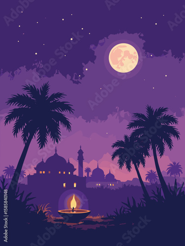 Diwali - lamp-lit village scene with palm trees silhouette under purple sky and lamp glow