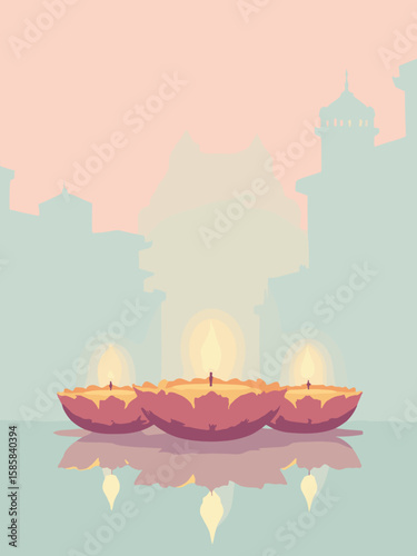 Diwali - stylized lotus candle arrangement on mirrored surface in blush pink, gold, mint, and gray