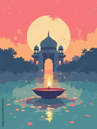 Diwali - lantern festival over palace fountain with amber, teal, rose, and slate hues