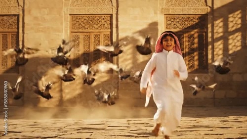 Young Saudi Boy Running Joyfully in Historic Jeddah at Sunrise.