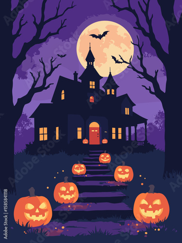 Halloween - carved jack-o’-lanterns glowing on porch steps under deep purple sky with black silhouettes