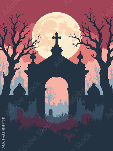 Halloween - cemetery gate with crooked tombstones and moonlit mist in slate gray, blood red, cream, and black