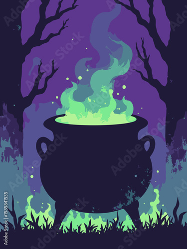 Halloween - cauldron bubbling neon green potion in black, neon green, purple, and dark brown