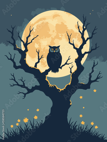 Halloween - full moon over twisted tree branches with owl in midnight blue, charcoal, gold, and olive