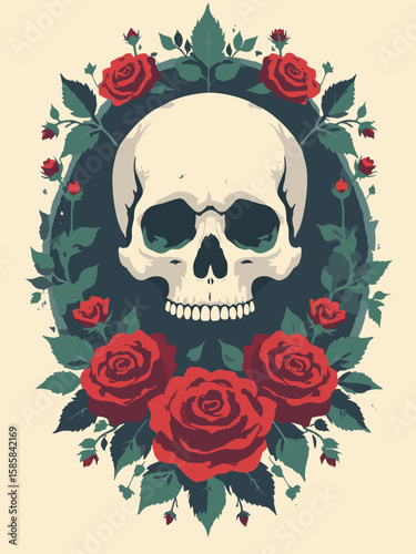 Halloween - skull and roses motif in ivory, crimson, charcoal, and forest green