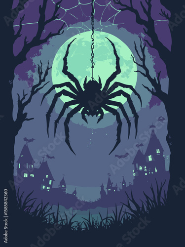 Halloween - spider descending from web with glowing eyes in deep gray, neon green, black, and midnight