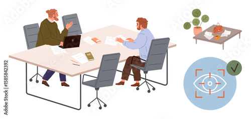 Two people talking around a shared workspace with books, laptop, and papers. Nearby table with decor. Eye icon with focus signifies attention, productivity, and collaboration. Ideal for teamwork