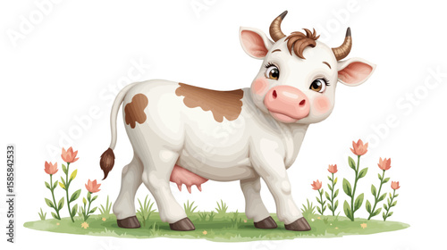 Cute cartoon cow standing among flowers in a meadow  