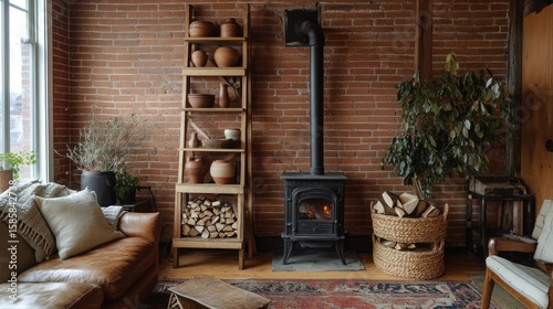 Cozy living room with brick walls and wood burning stove