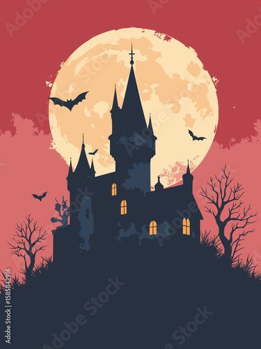 Halloween - eerie castle turret against blood-red sky in crimson, black, gray, and pale gold