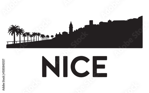 Silhouette of Nice France Skyline with Palm Trees and Buildings Graphic Cityscape Vector Illustration European Travel Destination Famous Landmark