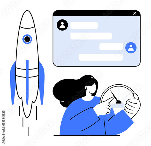 Woman adjusting gauge, a rocket taking off, and a chat window. Ideal for innovation, technology, metrics, communication, business strategy, startups entrepreneurship simple landing page