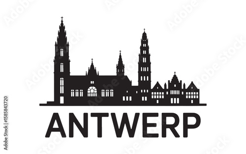 Antwerp Skyline Silhouette Illustration A Detailed Cityscape Design with Prominent Landmarks and Bold Typography Showcasing a European City