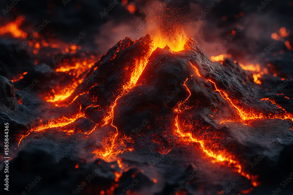 Fiery Molten Lava Flowing Through Cracked Earth: Intense Natural Scene Of Glowing Magma Surrounded By Dark Smoke And Volcanic Ash Under Dramatic Sky Fiery Molten Lava Flowing Through Cracked Earth: Intense Natural Scene Of Glowing Magma Surrounded By Dark Smoke And Volcanic Ash Under Dramatic Sky