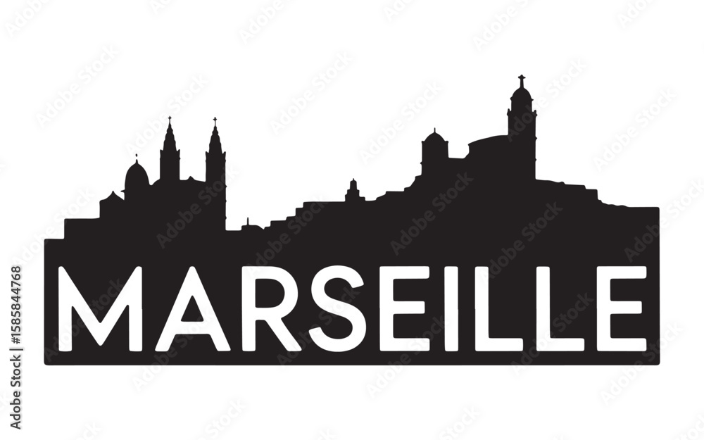 Obraz premium Marseille Silhouette Skyline Graphic Depiction of the French City with Famous Buildings and Landmarks in a Simple Design
