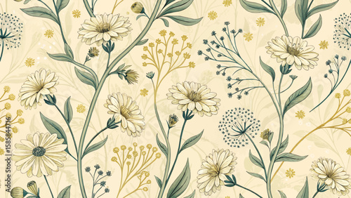 Vector Illustration Seamless Digital Pattern Cutter flower pattern Pastel  ํYellow background.