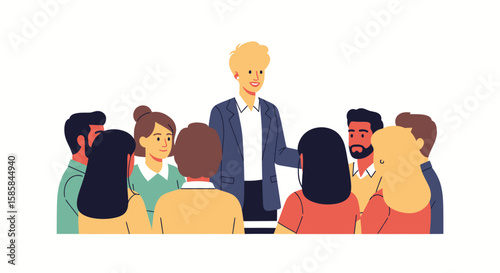Blonde-haired woman in a blue blazer leading a group discussion with diverse individuals.