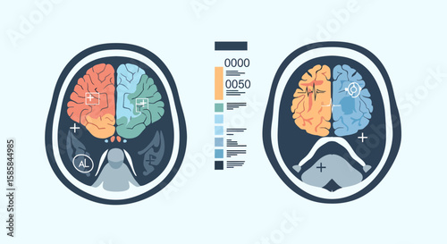 Brain Scan Illustration with Colored Lobes and Diagnostic Markers