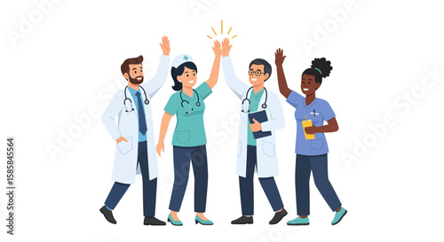 Diverse medical team giving high five, wearing scrubs and lab coats