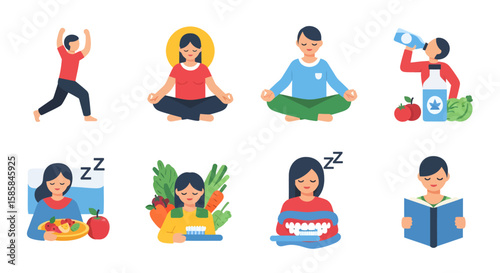 Healthy Lifestyle Icons: Exercise, Meditation, Hydration, Sleep, Nutrition, and Dental Care