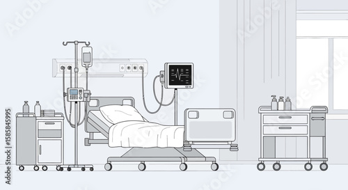 Hospital Room Interior with Bed, Medical Equipment, and Supplies in Line Art Style
