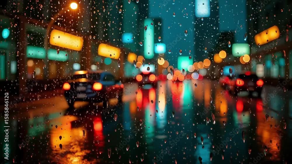 Raindrops cascade down a window, blurring the cityscape, creating a soft, atmospheric urban scenery with bokeh lights and muted colors.