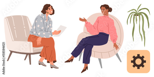 Two women seated on chairs talking one holding paper, plant and gear icon nearby. Ideal for teamwork, consultation, human connection, mentorship, office environment, collaboration, communication