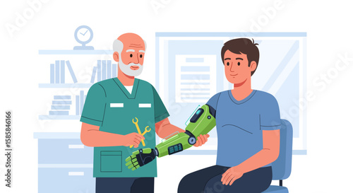 Man with Green Robotic Arm and Doctor with Wrench in Clinic