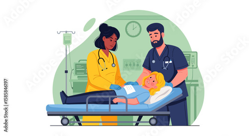 Medical Team Attending to Patient on Stretcher with Concerned Expression