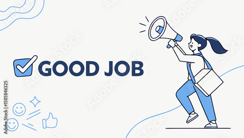 A cheerful female character with dark hair celebrates success, holding a megaphone and conveying a motivational message.