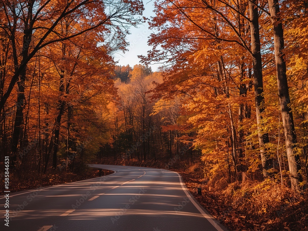 Obraz premium Scenic autumn road winds through a vibrant forest with orange and yellow foliage creating a picturesque seasonal landscape