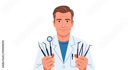 Smiling Dentist Holding Dental Instruments in Both Hands, Wearing White Coat