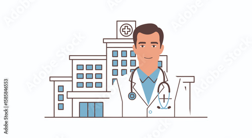 Smiling Doctor with Stethoscope in Front of Hospital Building Illustration
