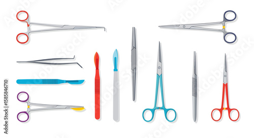 Surgical Instruments: Scalpels, Forceps, and Clamps in a Flat Lay Arrangement