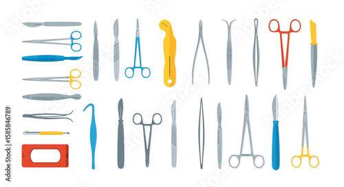 Surgical Instruments Set: Scalpels, Forceps, Scissors, and Retractors for Medical Procedures