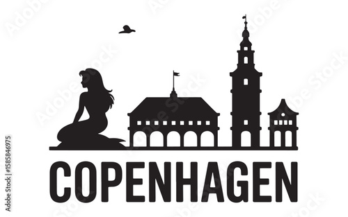 Copenhagen Skyline Silhouette with Mermaid and Landmarks a Symbol of the Citys Culture and History against White Backdrop