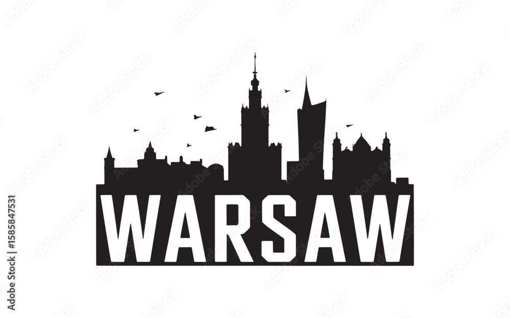Naklejka premium Dramatic Silhouette of Warsaw Cityscape with Birds in Flight and Bold Typography Design for Souvenirs or Tourism