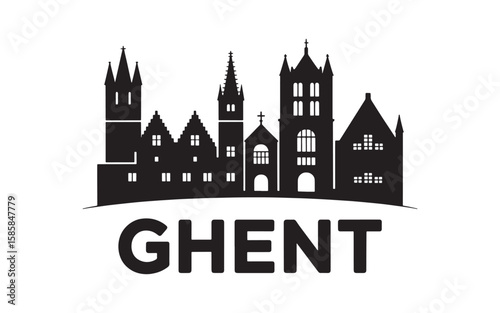 Ghent Cityscape Silhouette A Striking Black and White Depiction of Iconic Buildings and Structures Against a Clean Backdrop Design